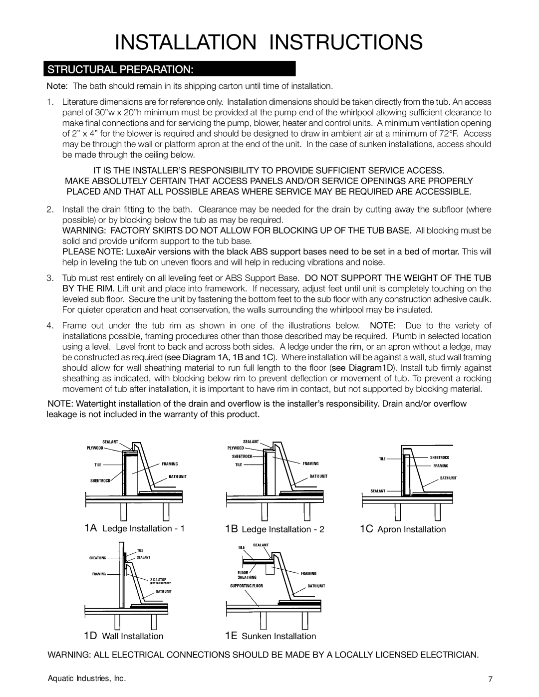 Aquatic LuxeAir Series owner manual Installation Instructions 