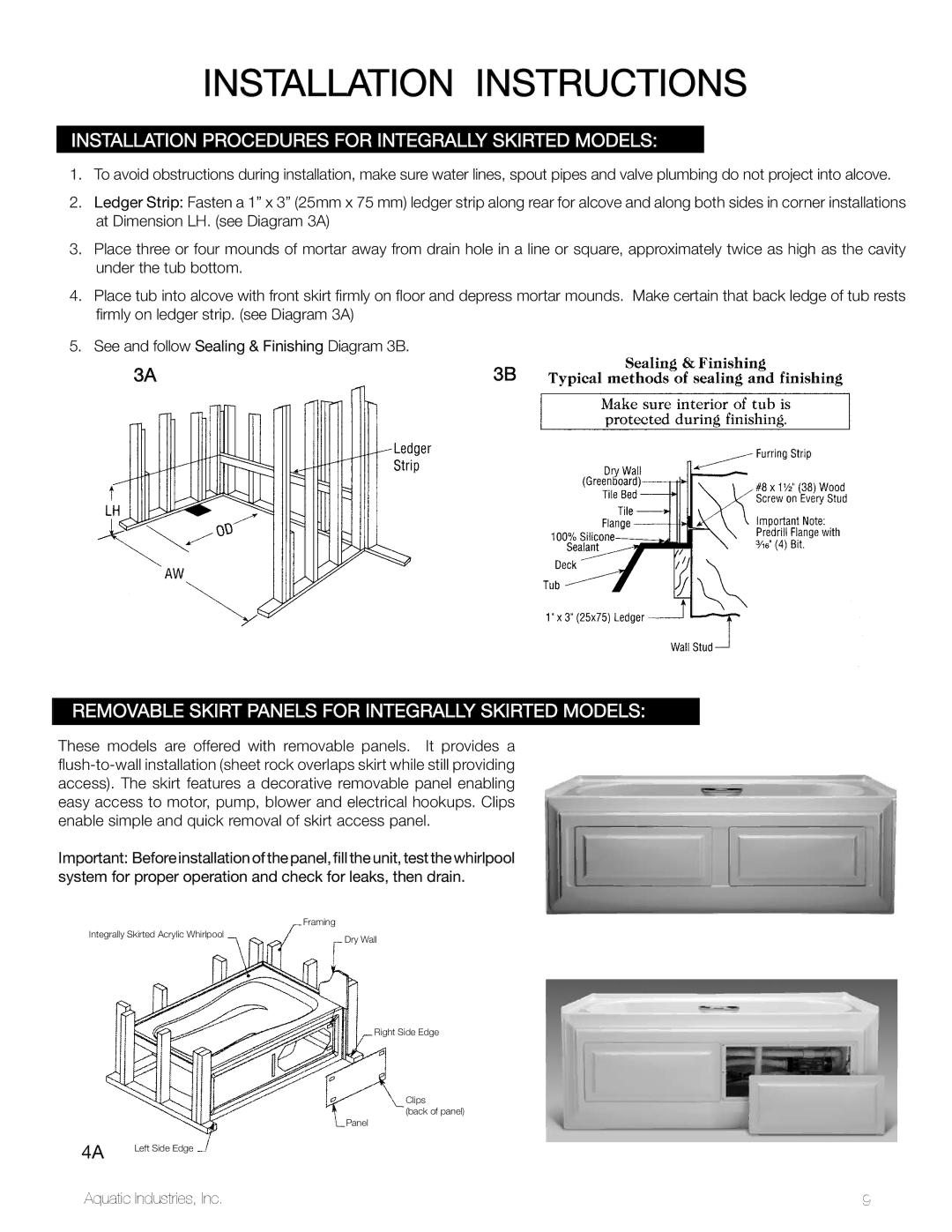 Aquatic LuxeAir Series owner manual Installation Procedures for integrally skirted modelS 