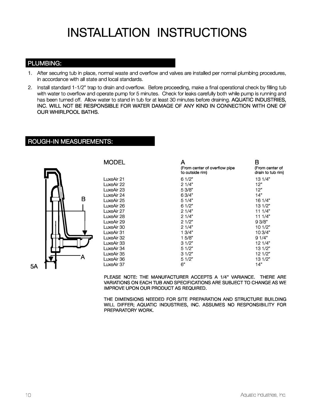 Aquatic LuxeAir Series owner manual Installation Instructions, Plumbing, Rough-InMeasurements, Model, B A 5A 