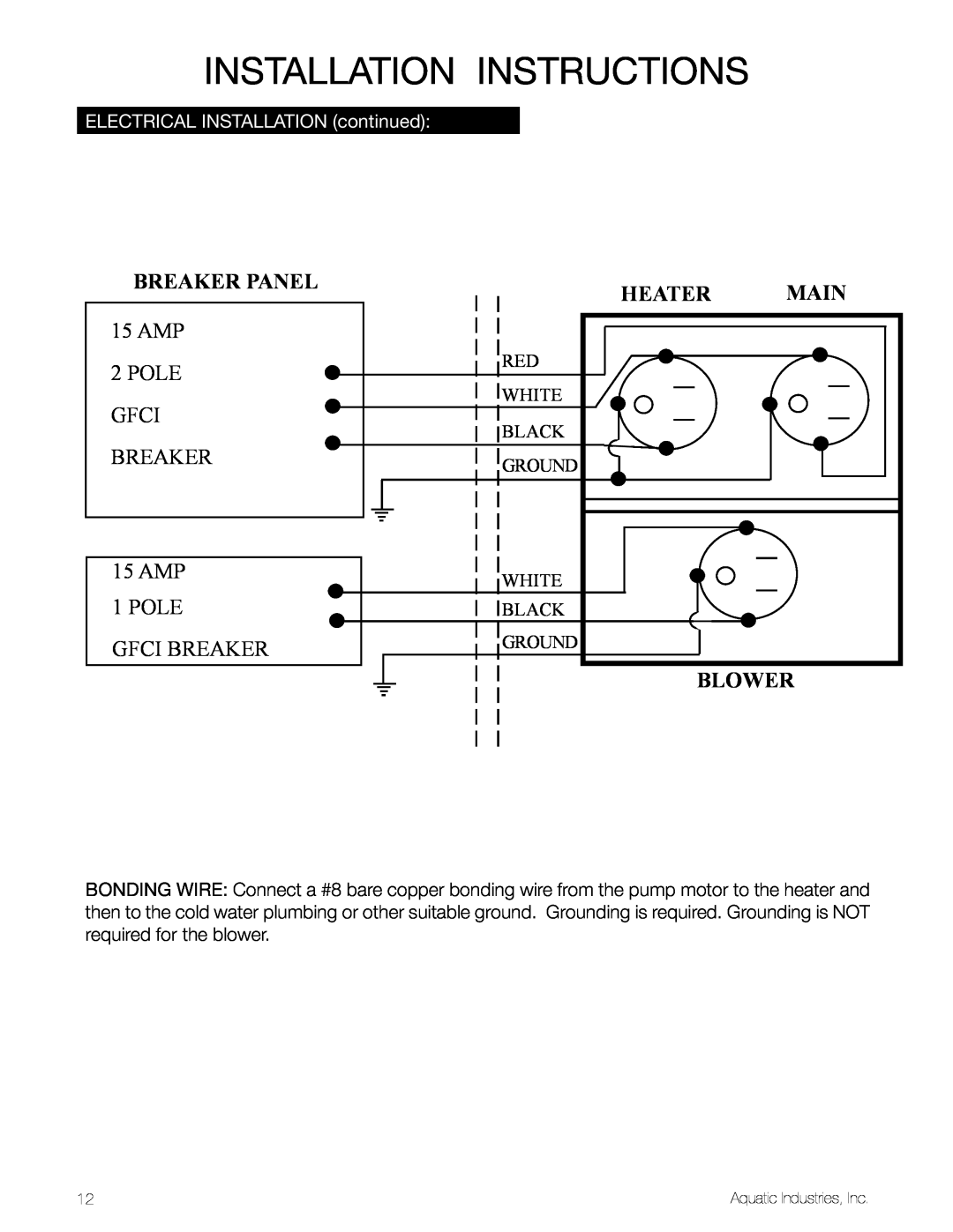 Aquatic LuxeAir Series Installation Instructions, breaker panel, AMP 2 POLE GFCI BREAKER 15AMP 1POLE, Gfci Breaker, Heater 