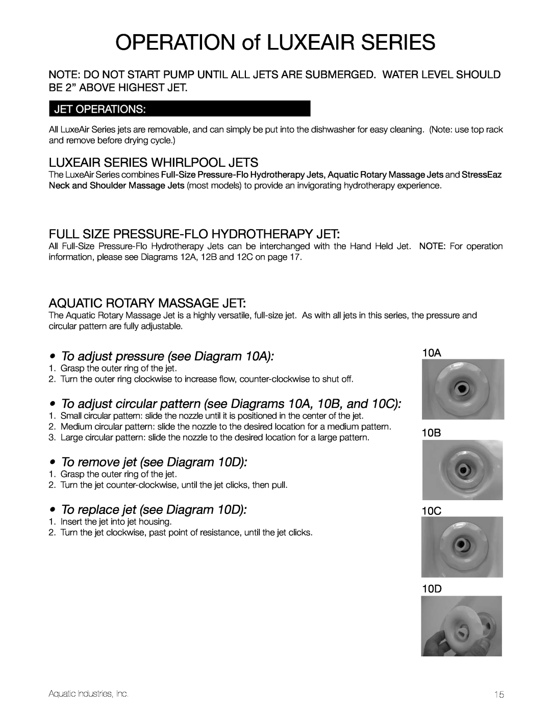 Aquatic LuxeAir Series operation of LuxeAir series, LuxEAIR Series Whirlpool Jets, Full Size Pressure-FloHydrotherapy Jet 