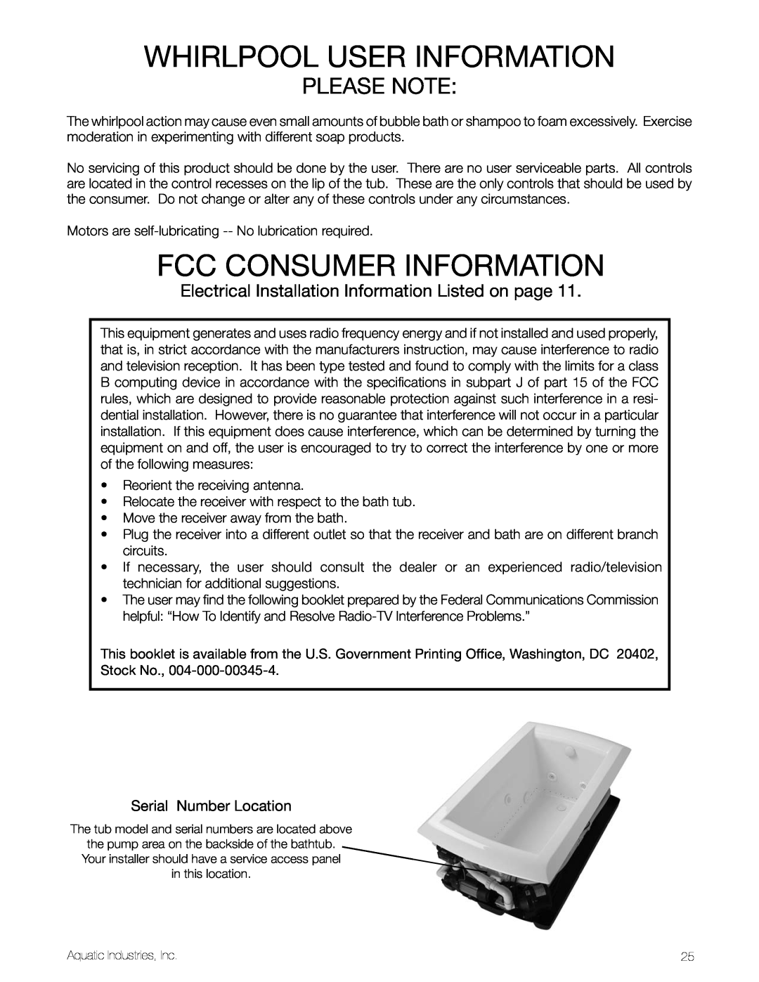 Aquatic LuxeAir Series whirlpool user information, fcc consumer information, Please note, Serial Number Location 