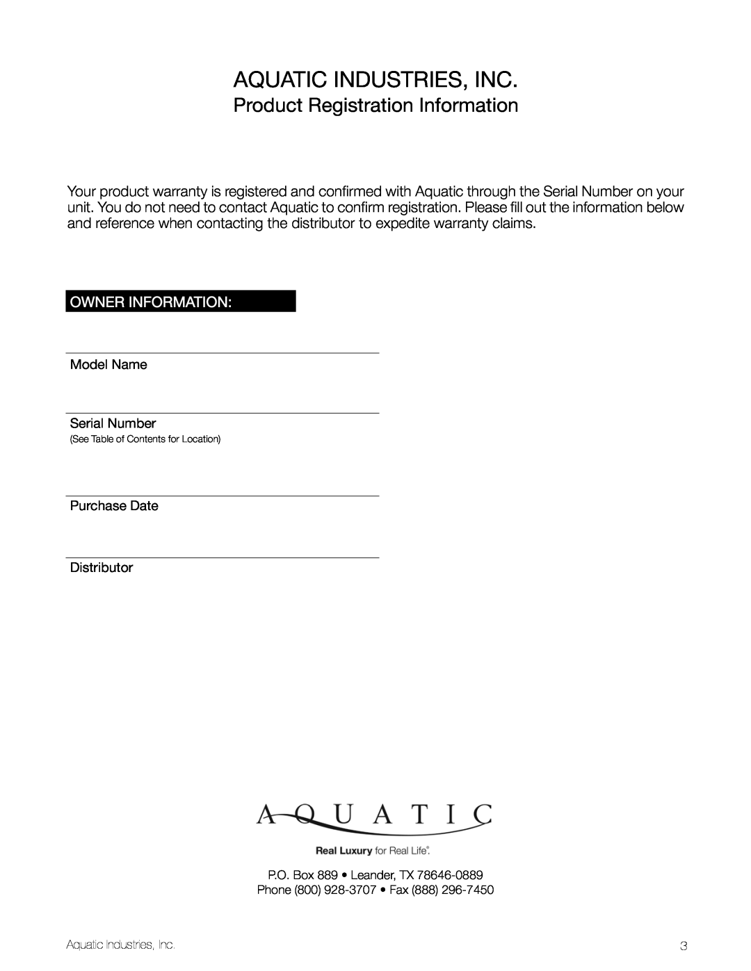Aquatic LuxeAir Series owner manual Aquatic Industries, Inc, Product Registration Information, Owner Information 