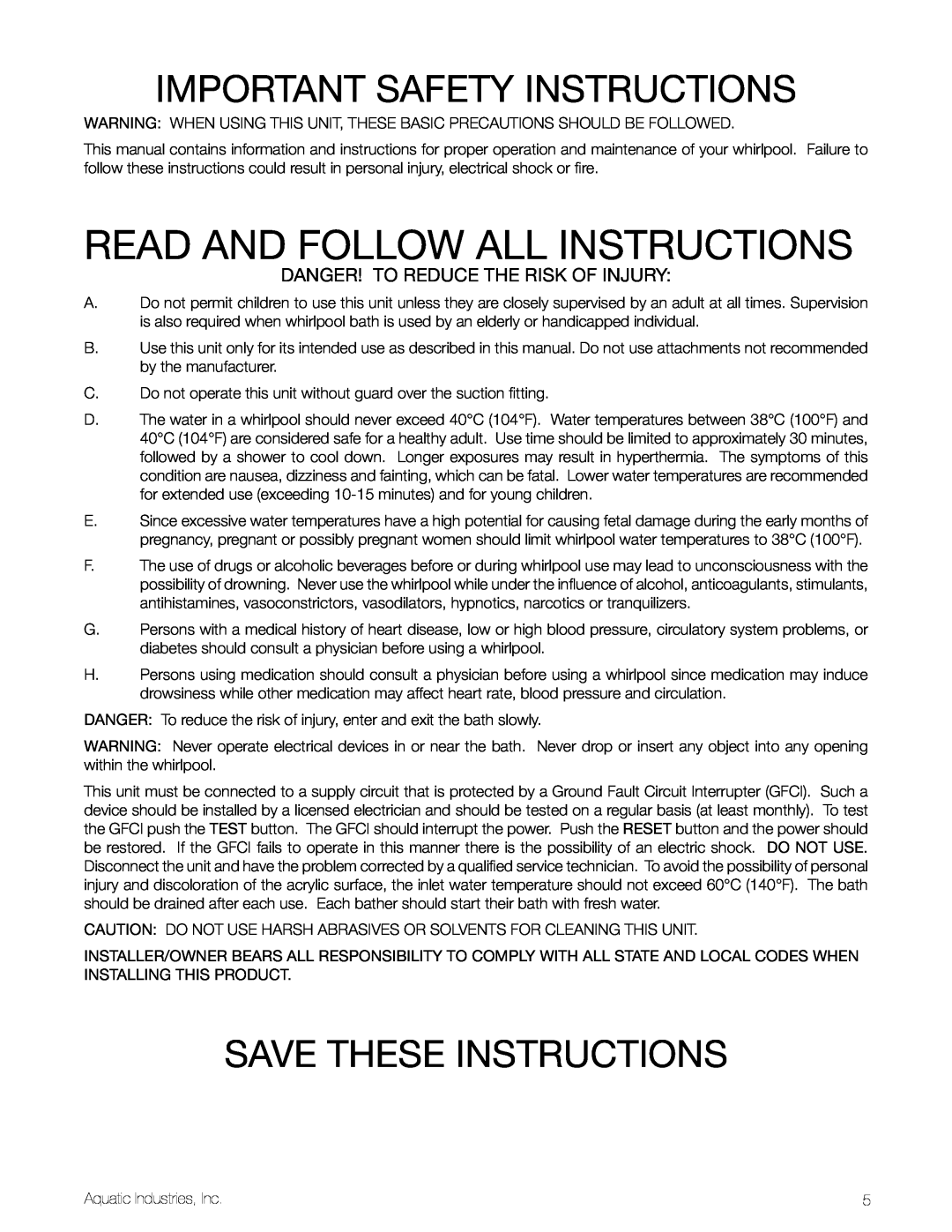 Aquatic LuxeAir Series Important Safety Instructions, Save These Instructions, Read And Follow All Instructions 