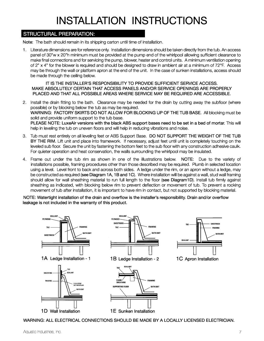 Aquatic LuxeAir Series owner manual Installation Instructions, Structural Preparation 