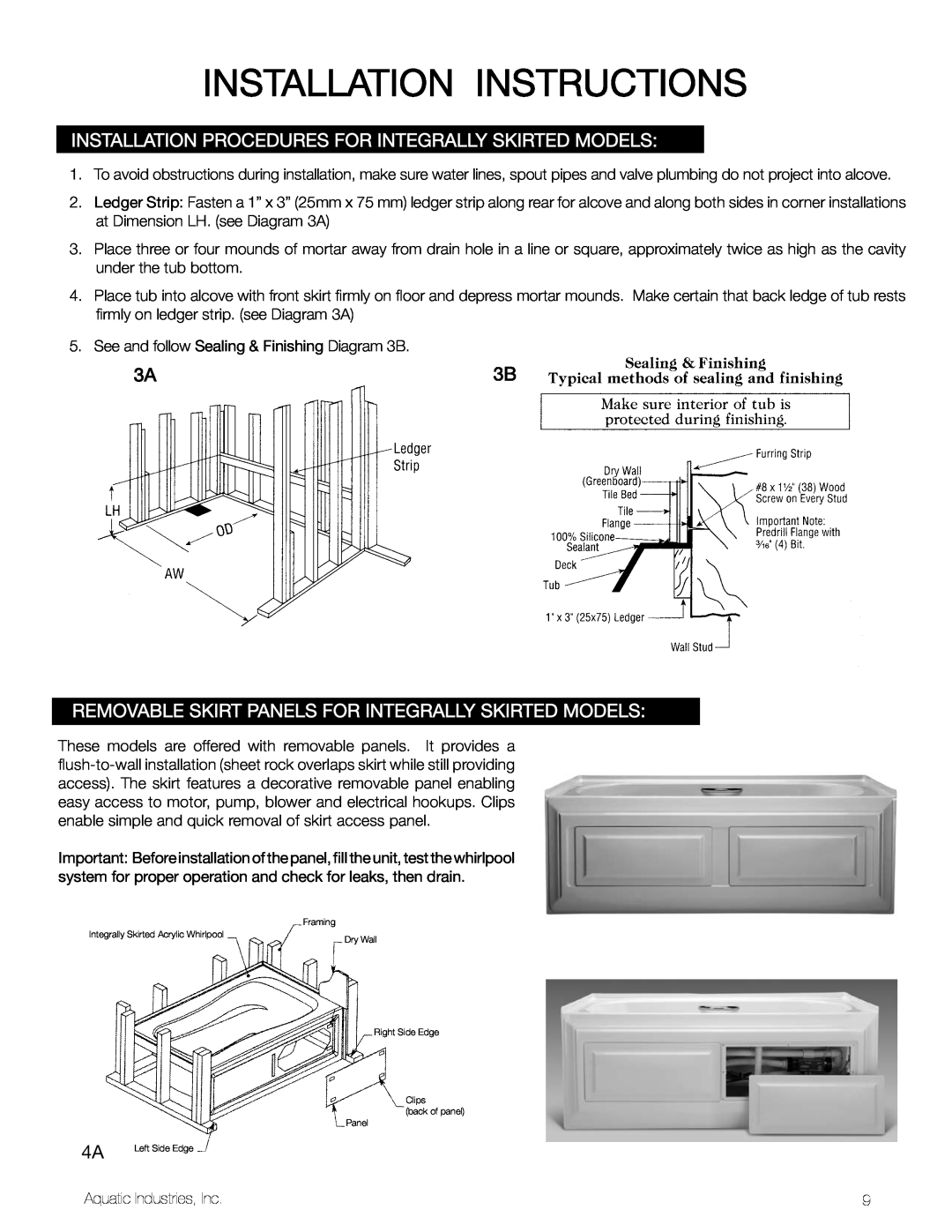 Aquatic LuxeAir Series owner manual Installationinstructions, RemovableSkirt Panels forIntegrallySkirted ModelS 