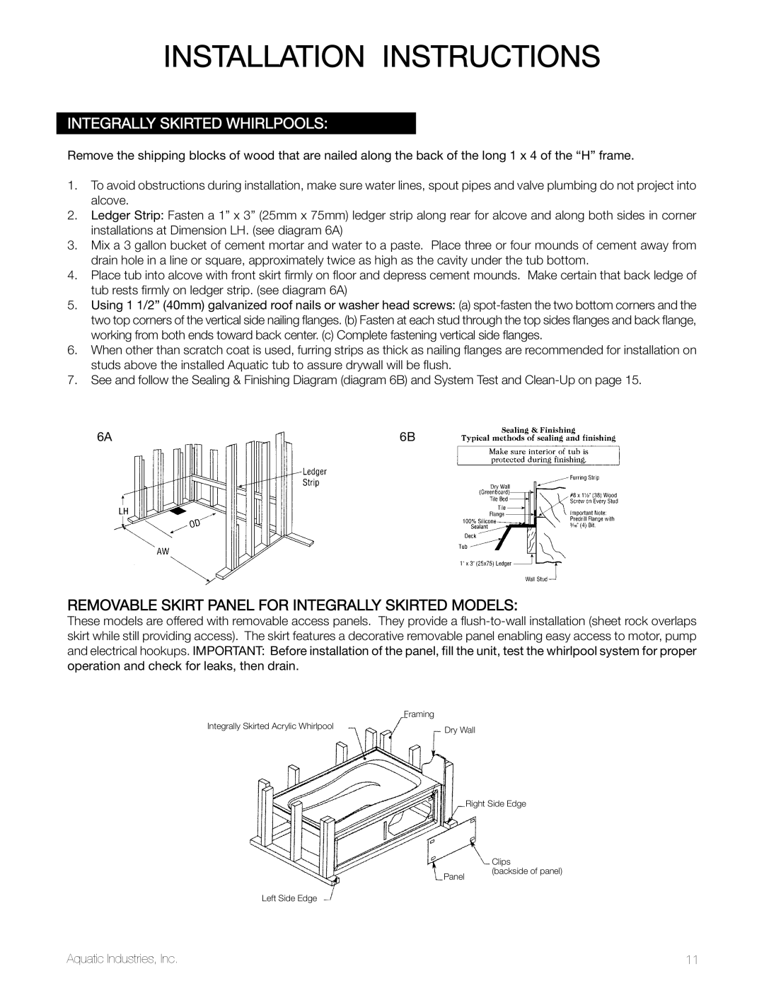 Aquatic SYMPHONY SERIES specifications Integrally skirted whirlpools, Removable Skirt Panel for Integrally Skirted Models 