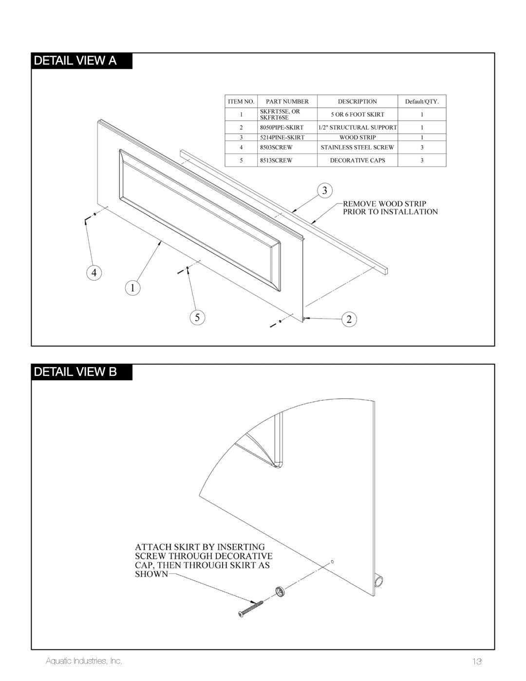 Aquatic SYMPHONY SERIES specifications Detail view a Detail view b 