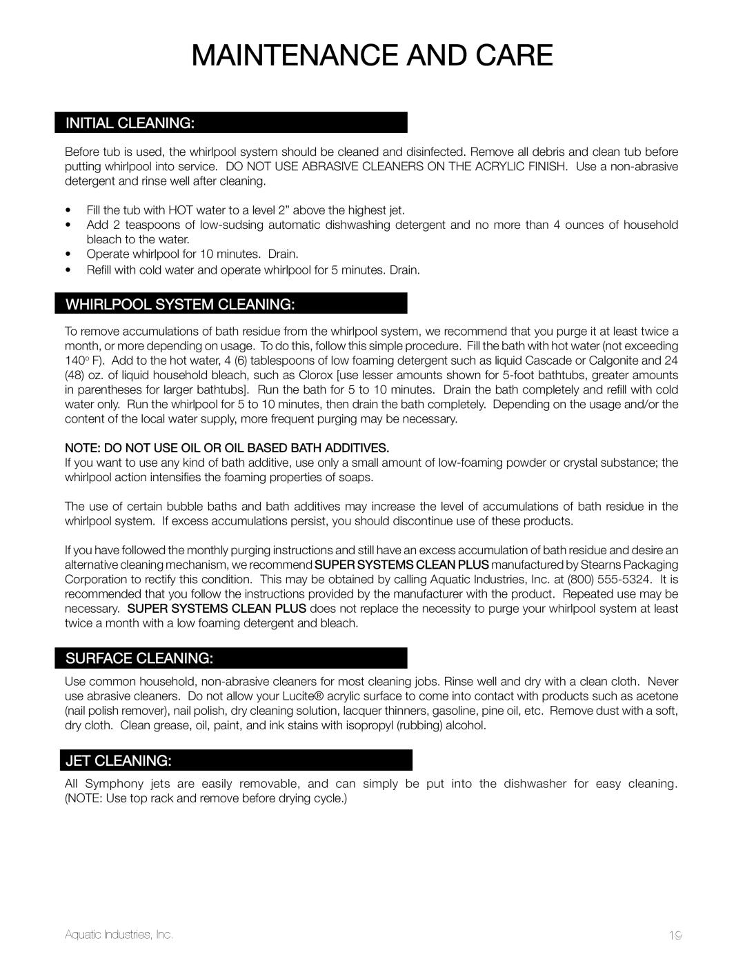 Aquatic SYMPHONY SERIES specifications Maintenance and care, Whirlpool system cleaning, Jet Cleaning 