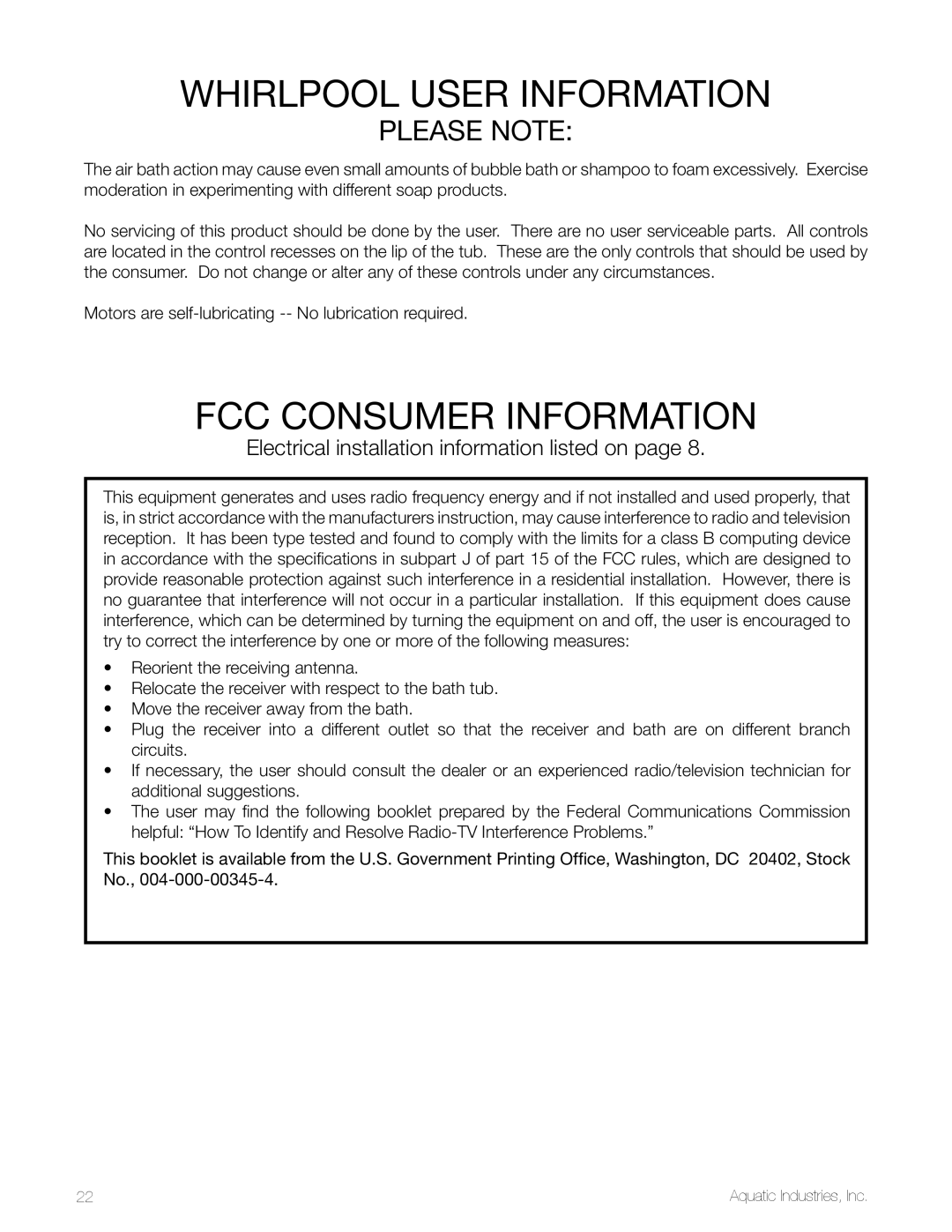 Aquatic SYMPHONY SERIES specifications Whirlpool user information, Fcc consumer information 