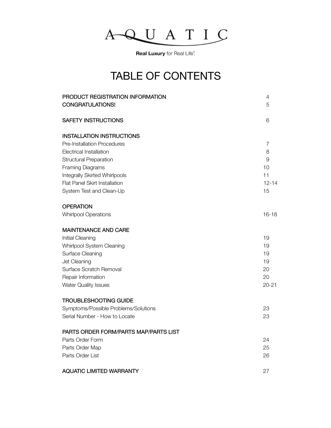 Aquatic SYMPHONY SERIES specifications Table Of Contents 