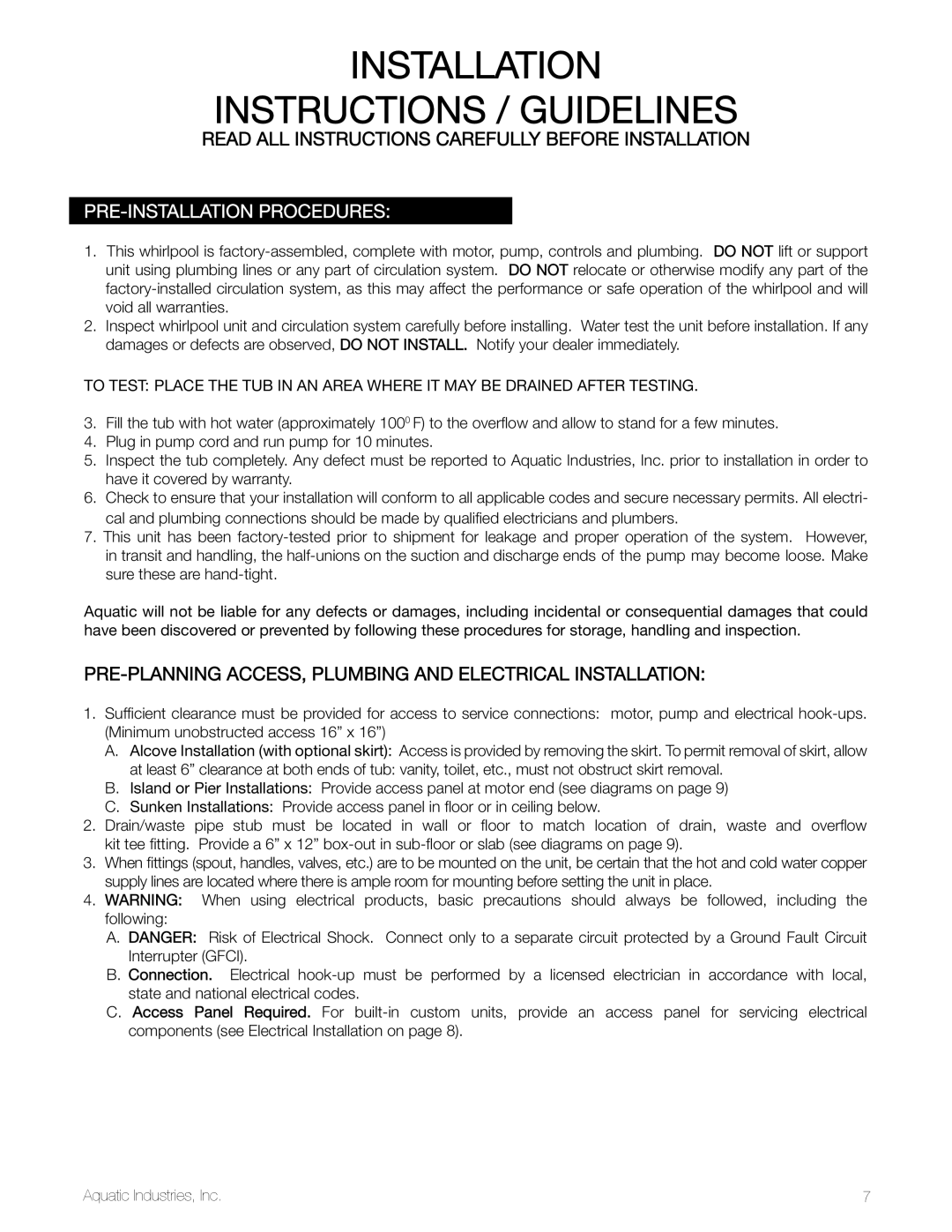 Aquatic SYMPHONY SERIES Pre -installation procedures, Pre -planning access, Plumbing and electrical installation 