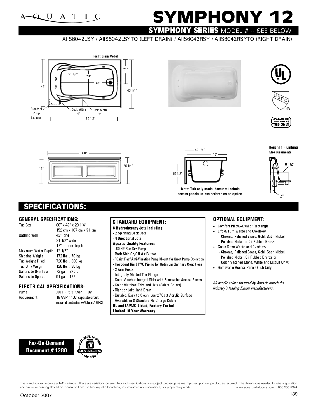 Aquatic SYPHONY SERIES specifications General Specifications, Electrical Specifications, Standard equipment 