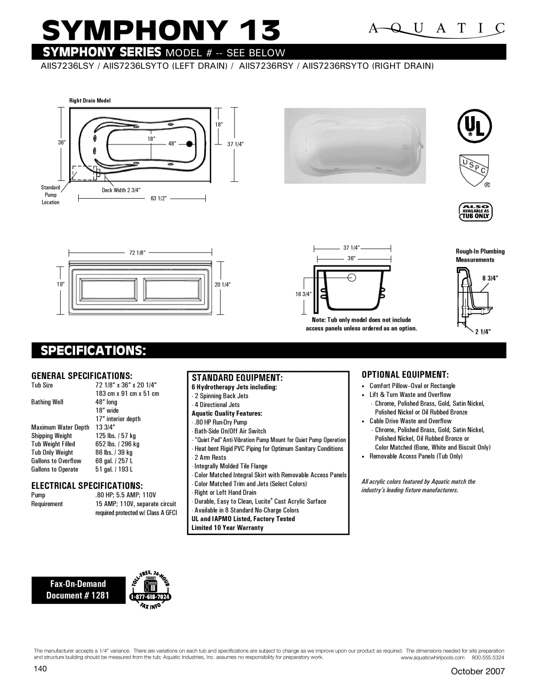 Aquatic AIIS7236RSYTO, AIIS7236lSY specifications General Specifications, Electrical Specifications, Standard equipment 