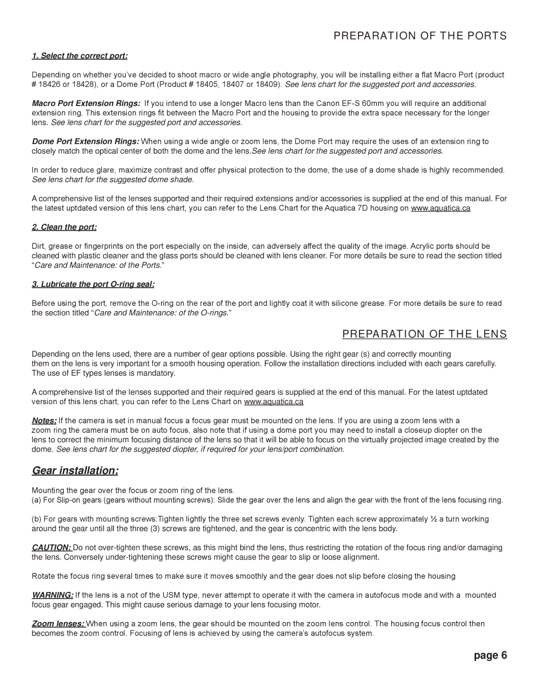 Aquatica 20065 manual Preparation of the Ports, Preparation of the Lens, Select the correct port, Clean the port 