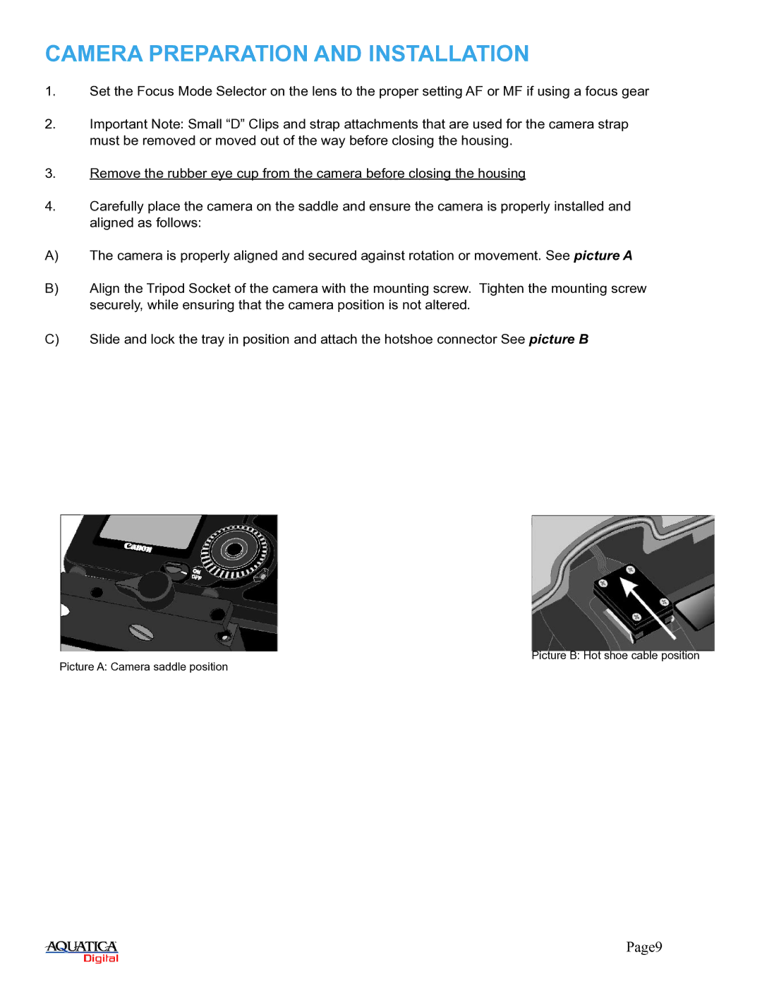 Aquatica A30D manual Camera Preparation and Installation 