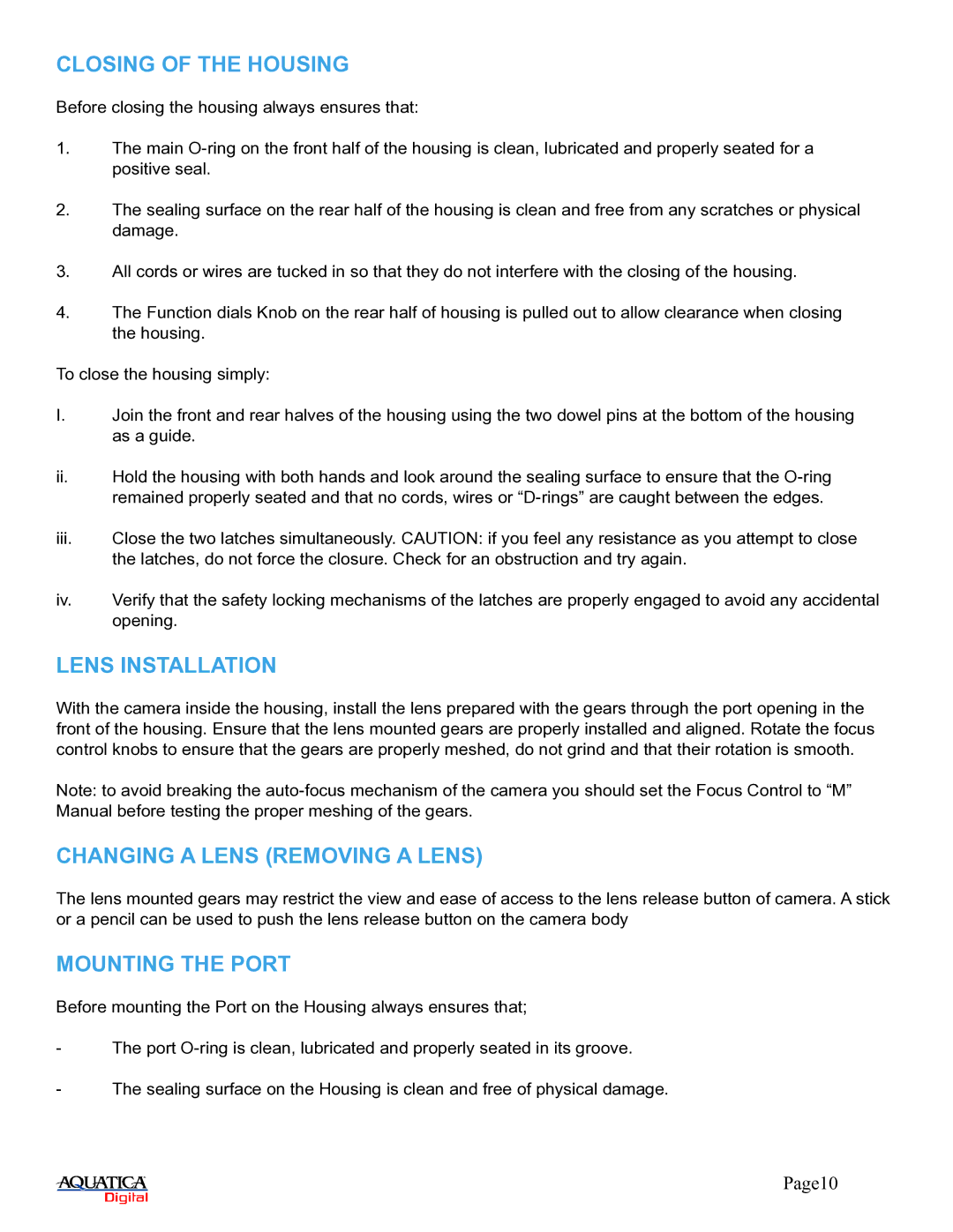 Aquatica A30D manual Closing of the Housing, Lens Installation, Changing a Lens Removing a Lens, Mounting the Port 