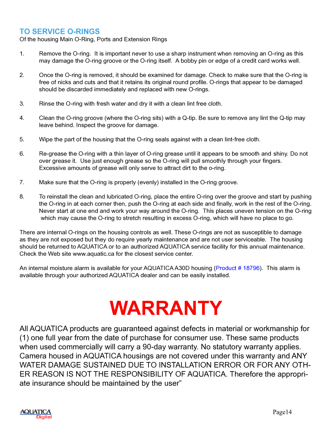 Aquatica A30D manual Warranty, To Service O-RINGS 