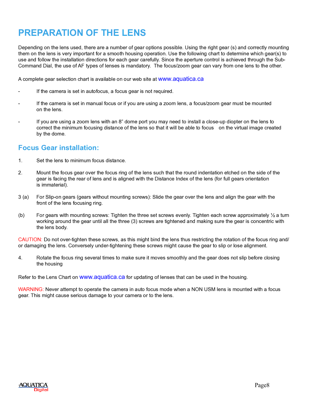 Aquatica A30D manual Preparation of the Lens, Focus Gear installation 
