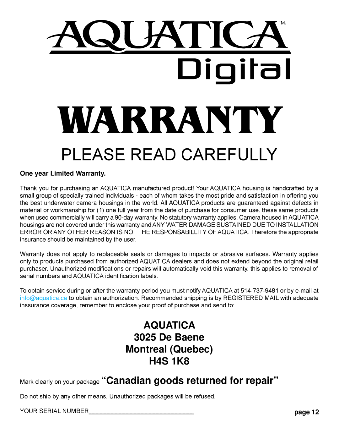 Aquatica EOS 1Ds MK III manual Warranty 