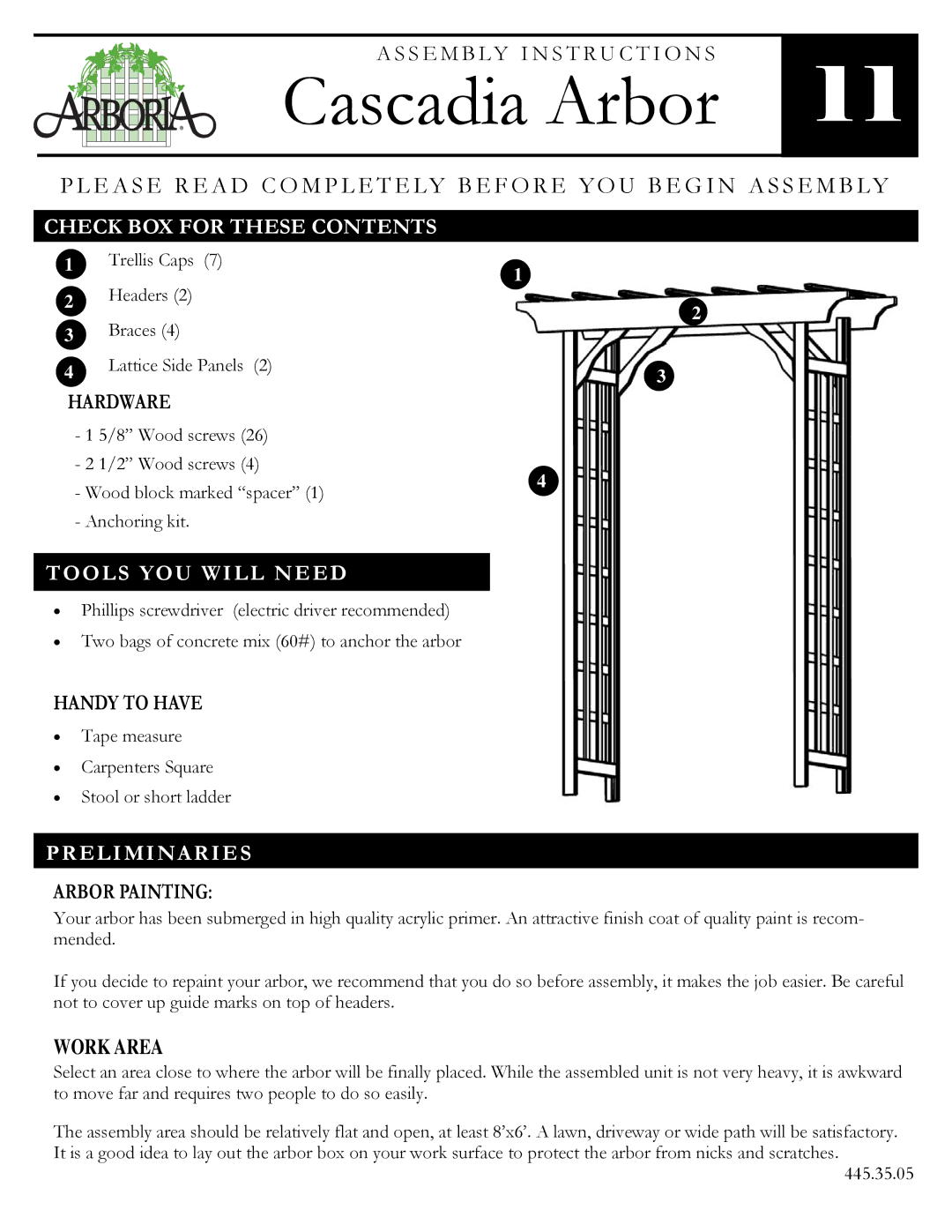 Arboria Cascadia Arbor manual Check BOX for These Contents, Tools YOU will Need, Preliminaries 