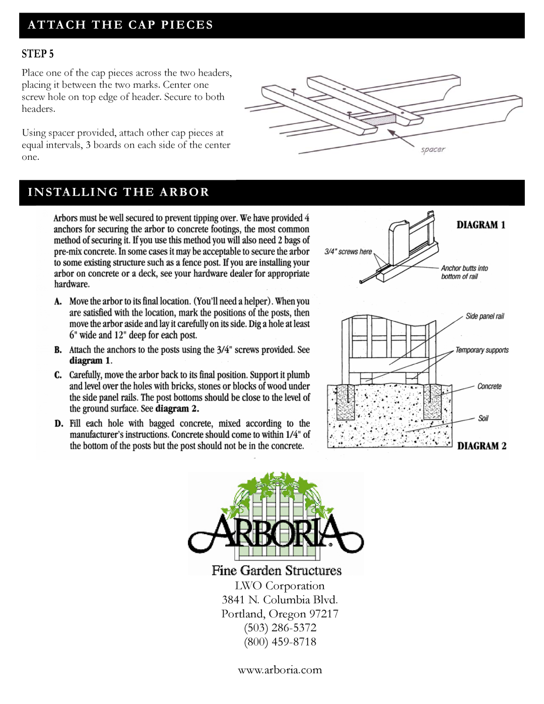 Arboria Cascadia Arbor manual Attach The Cap Pieces, Installing The Arbor, LWO Corporation 3841 N. Columbia Blvd, Step 