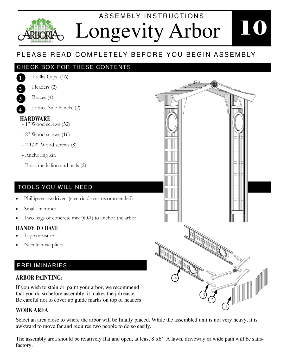 Arboria Longevity manual Hardware, Handy to have, Arbor Painting, Work Area 