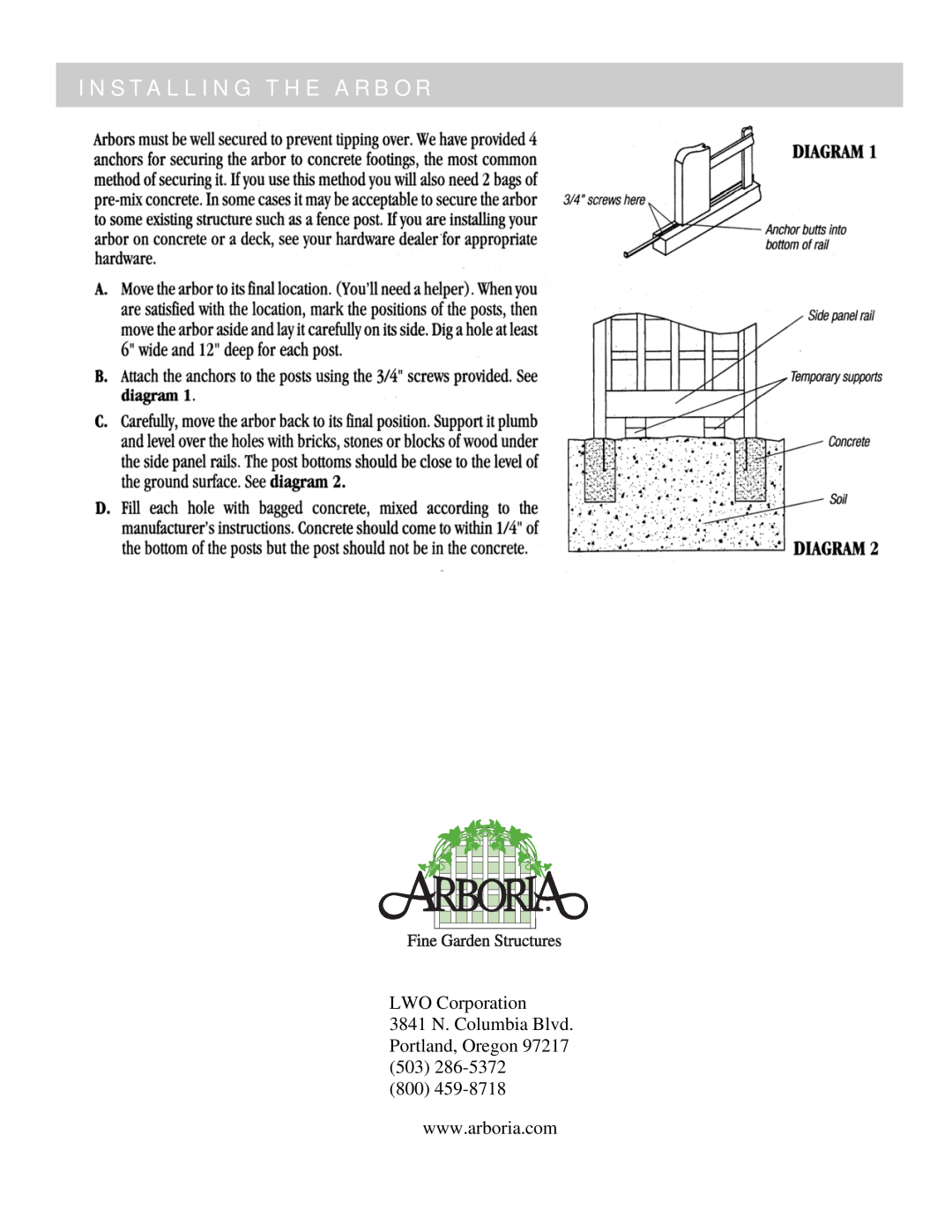 Arboria Longevity manual Installing The Arbor, LWO Corporation 3841 N. Columbia Blvd, Portland, Oregon 503286-5372 