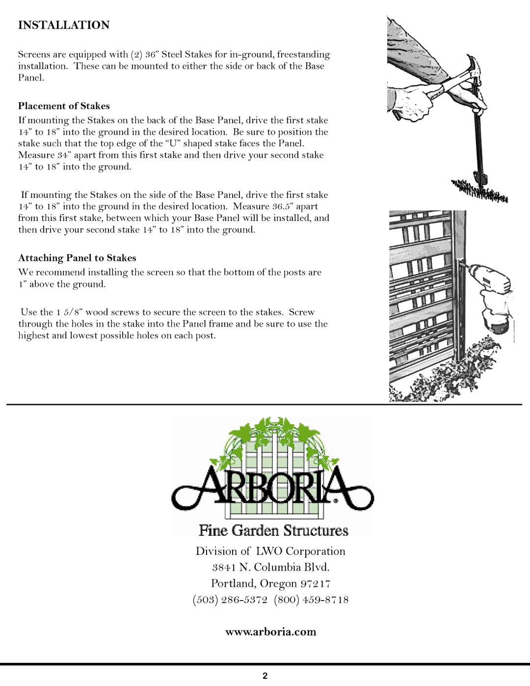 Arboria none installation instructions Installation, Placement of Stakes, Attaching Panel to Stakes 