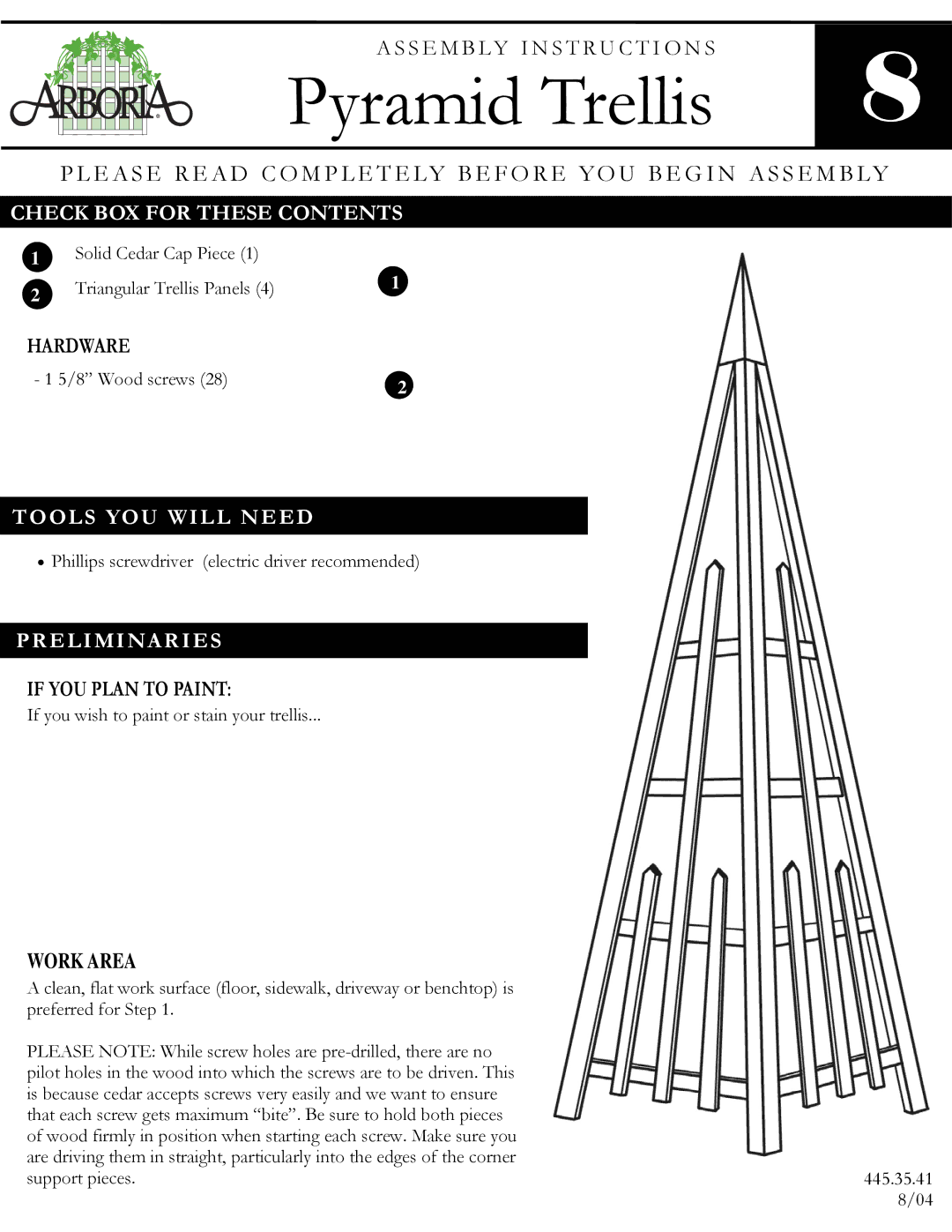 Arboria Pyramid Trellis manual Check BOX for These Contents, Tools YOU will Need, Preliminaries 