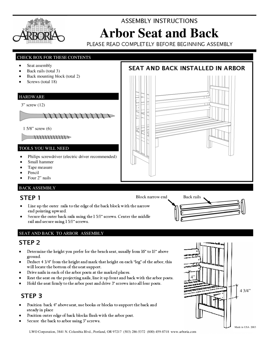 Arboria manual Arbor Seat and Back, Step, Please Read Completely Before Beginning Assembly 