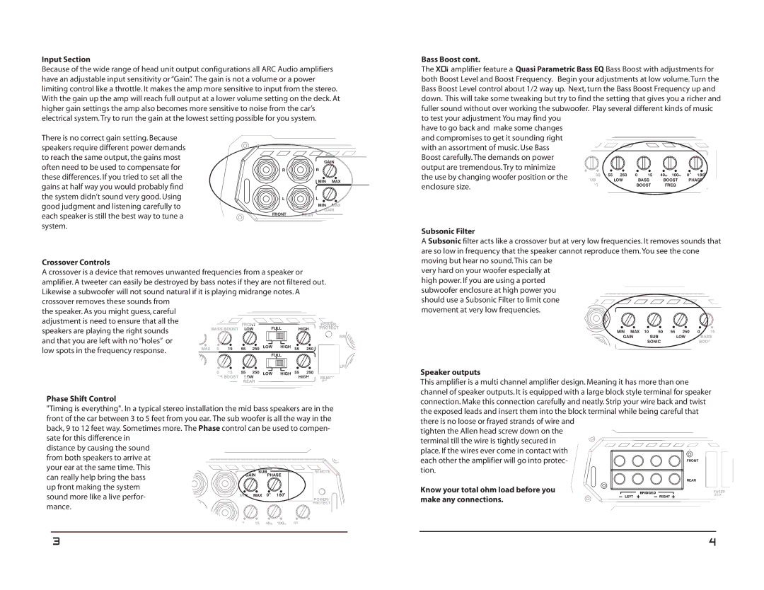 ARC Audio XDI manual Input Section, Bass Boost, Enclosure size, Subsonic Filter Crossover Controls, Speaker outputs 