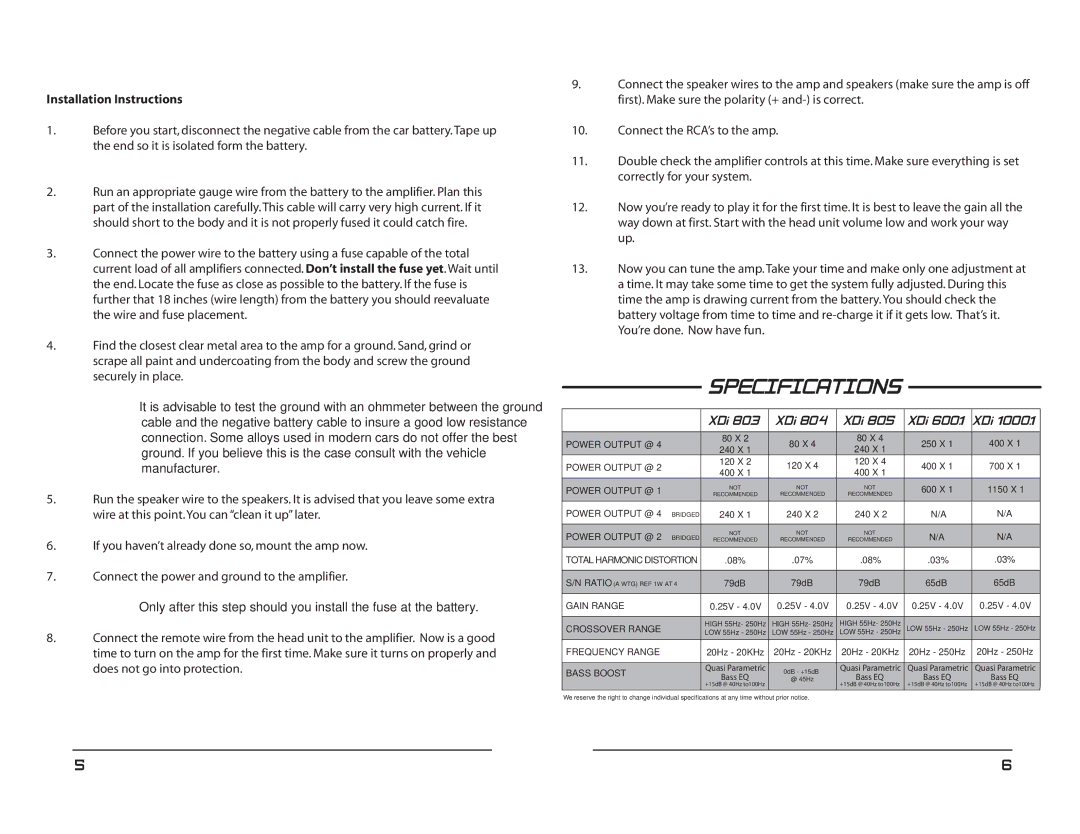 ARC Audio XDI manual Specifications 