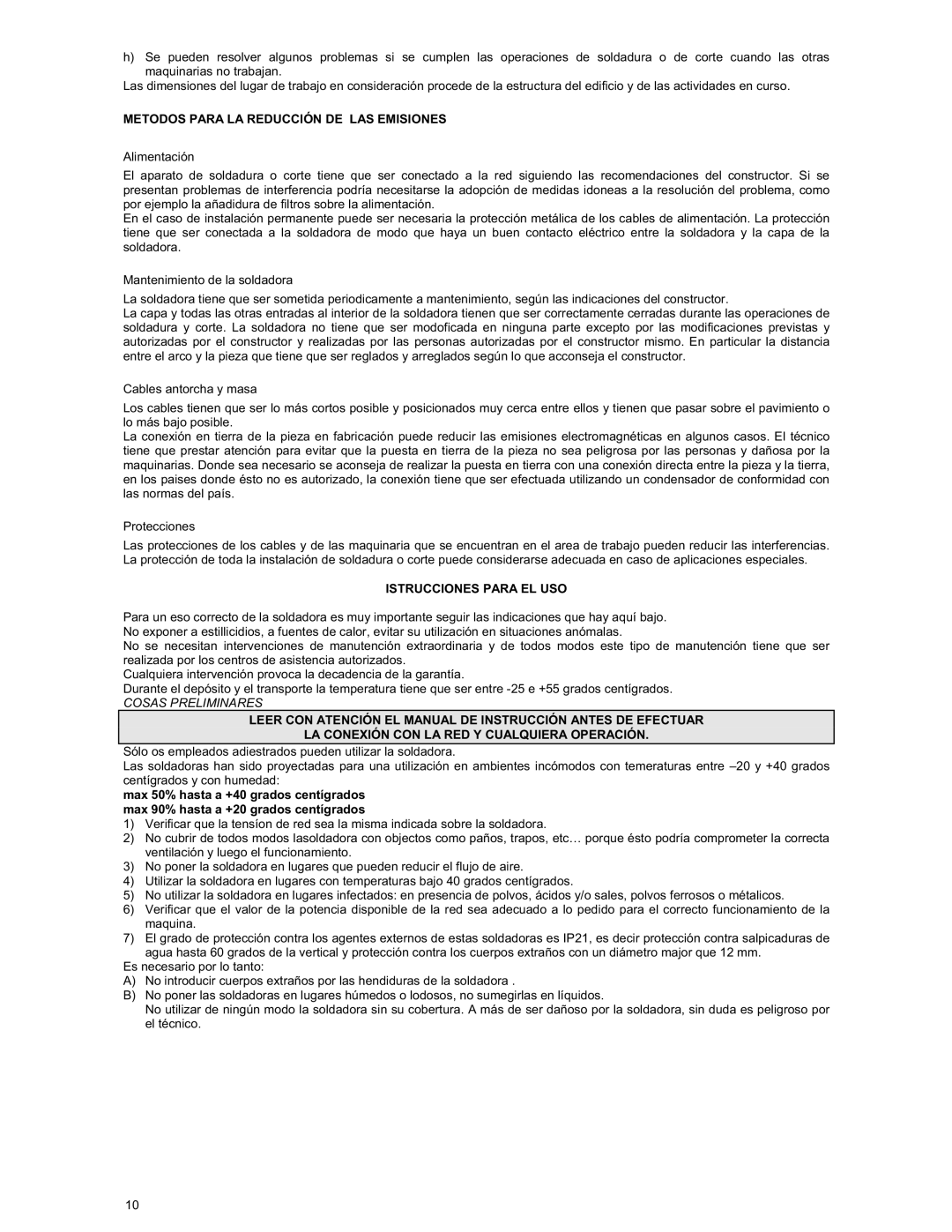 ARC Inverter Power Sources manual Metodos Para LA Reducción DE LAS Emisiones, Istrucciones Para EL USO, Cosas Preliminares 