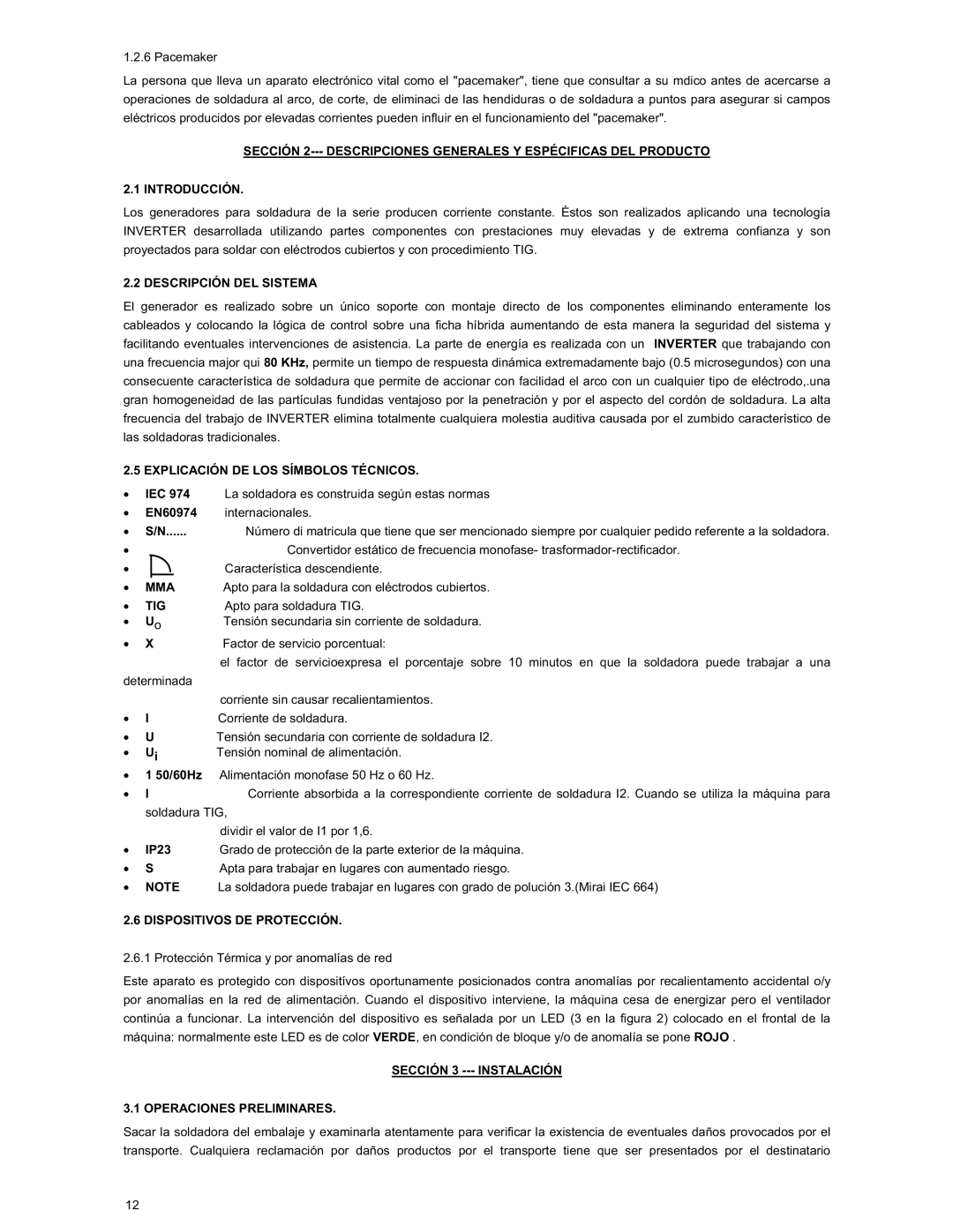 ARC Inverter Power Sources manual Mma, Tig, Sección 3 --- Instalación Operaciones Preliminares 