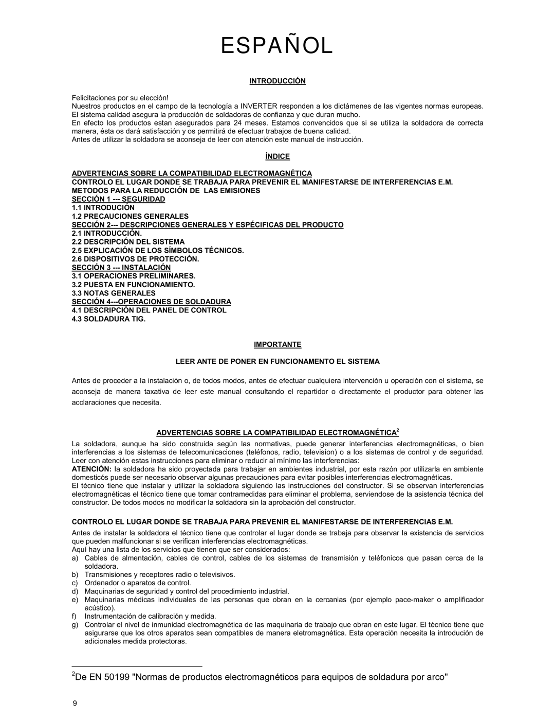 ARC Inverter Power Sources manual Introducción, Advertencias Sobre LA Compatibilidad ELECTROMAGNÉTICA2 