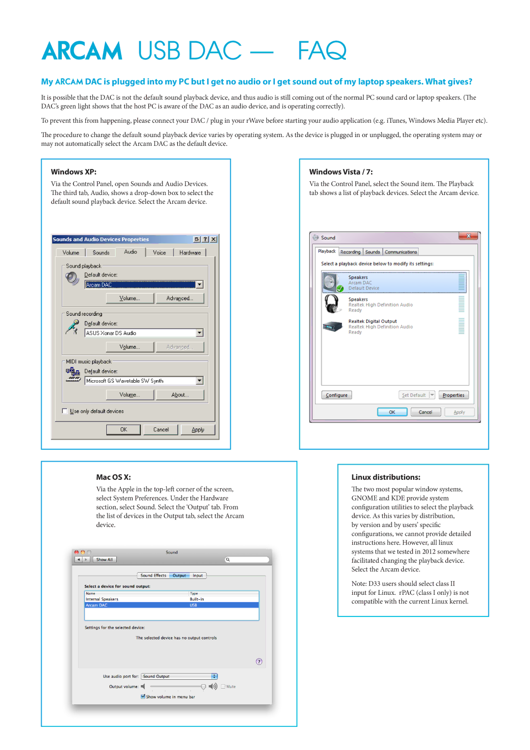 Arcam 23425 manual Windows XP, Windows Vista, Mac OS, Linux distributions 