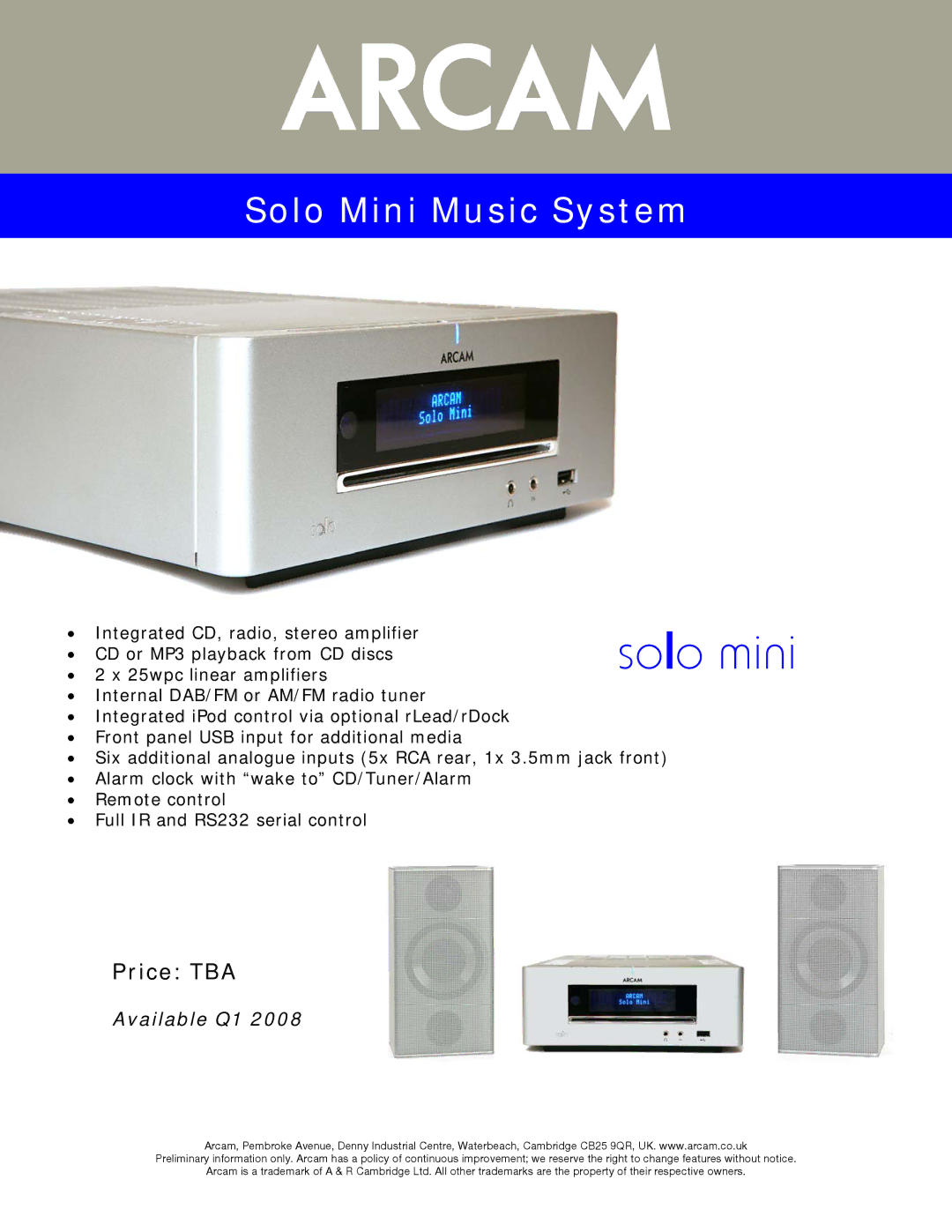 Arcam 23425 manual Solo mini, Price TBA, Available Q1 