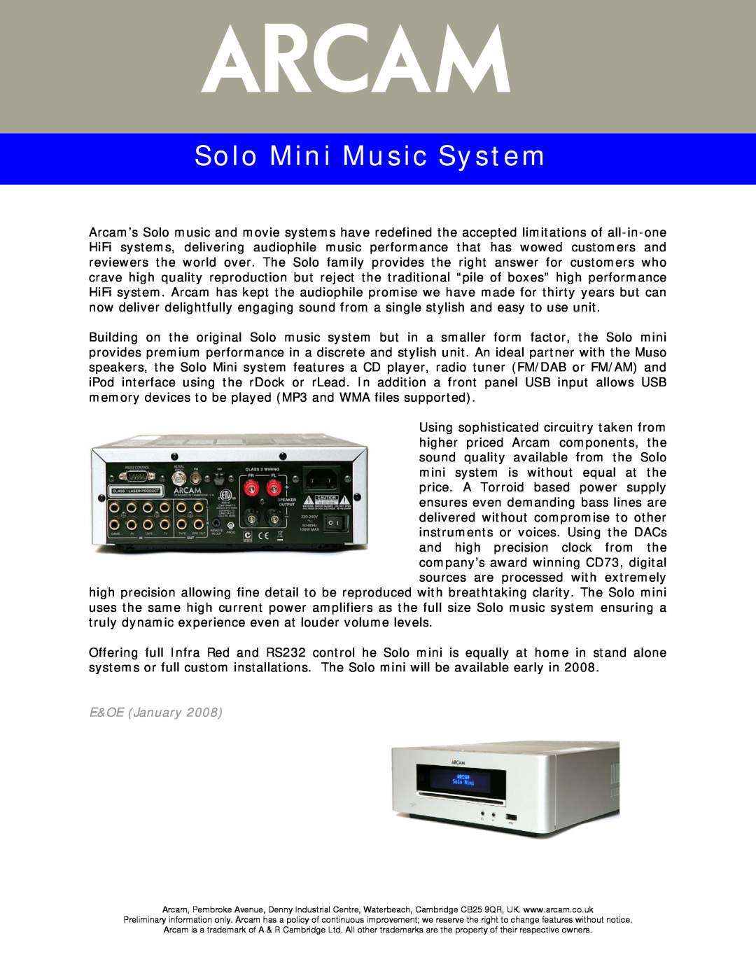 Arcam 23425 manual Solo Mini Music System, E&OE January 