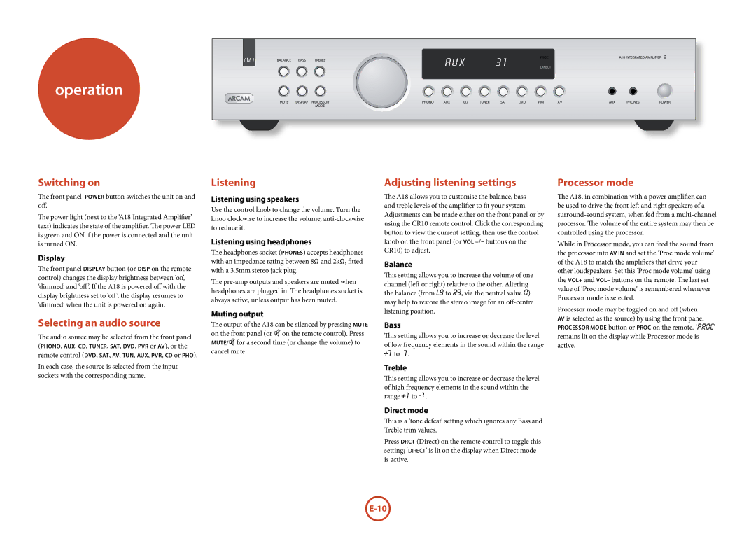 Arcam A18 manual Operation 