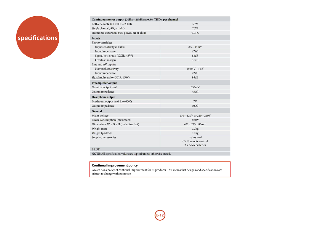 Arcam A18 manual Specifications, Continual improvement policy 