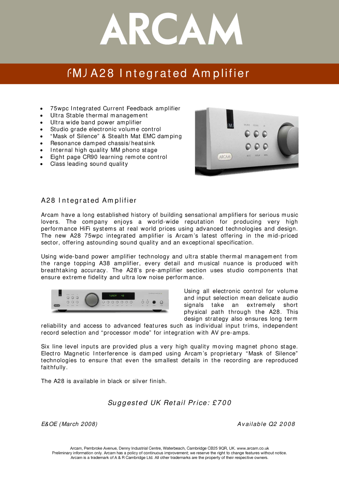 Arcam manual A28 Integrated Amplifier, New product information DV139 DVD player 