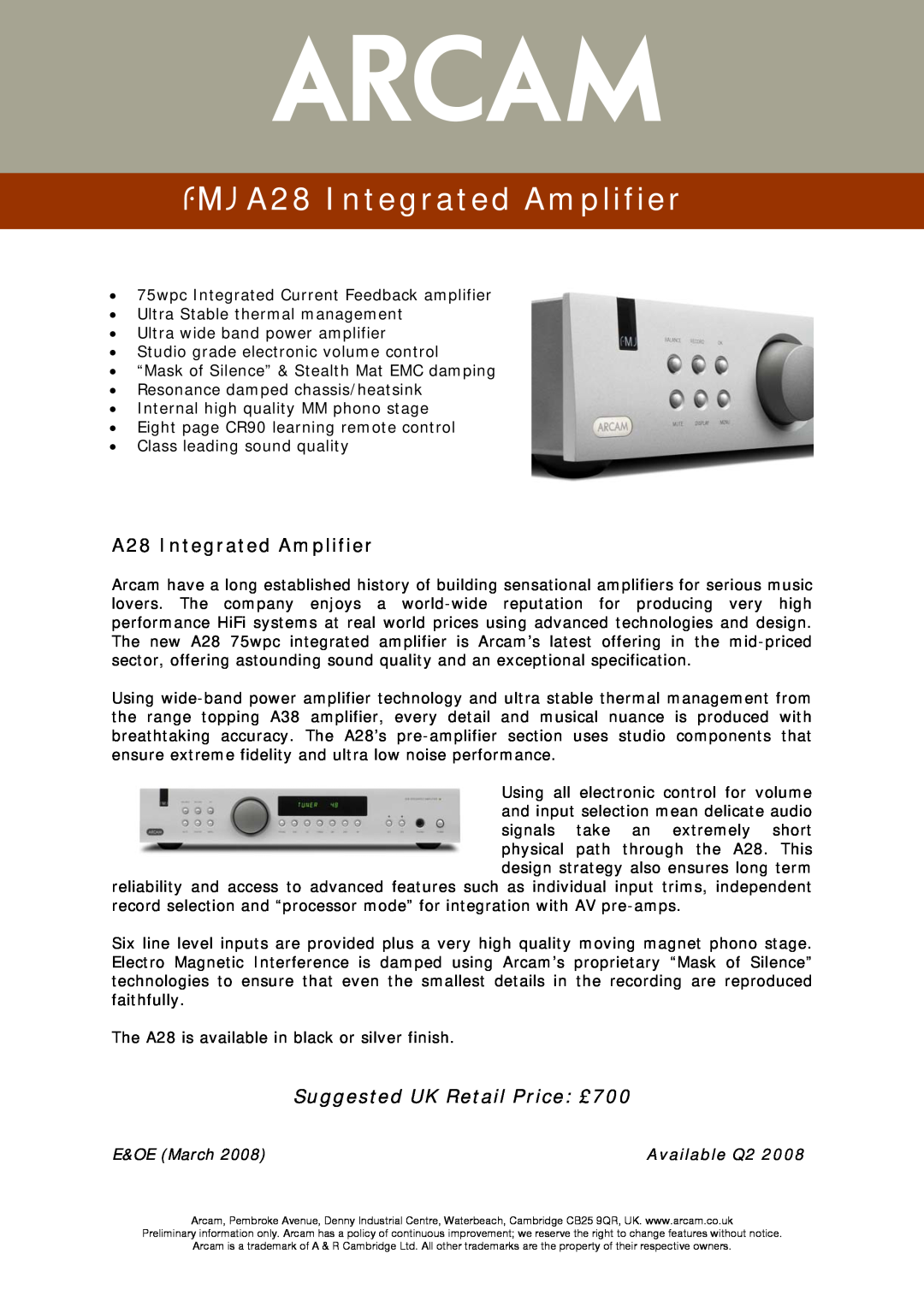 Arcam manual 23425, fA28 Integrated Amplifier, New product information DV139 DVD player, E&OE March, Available Q2 