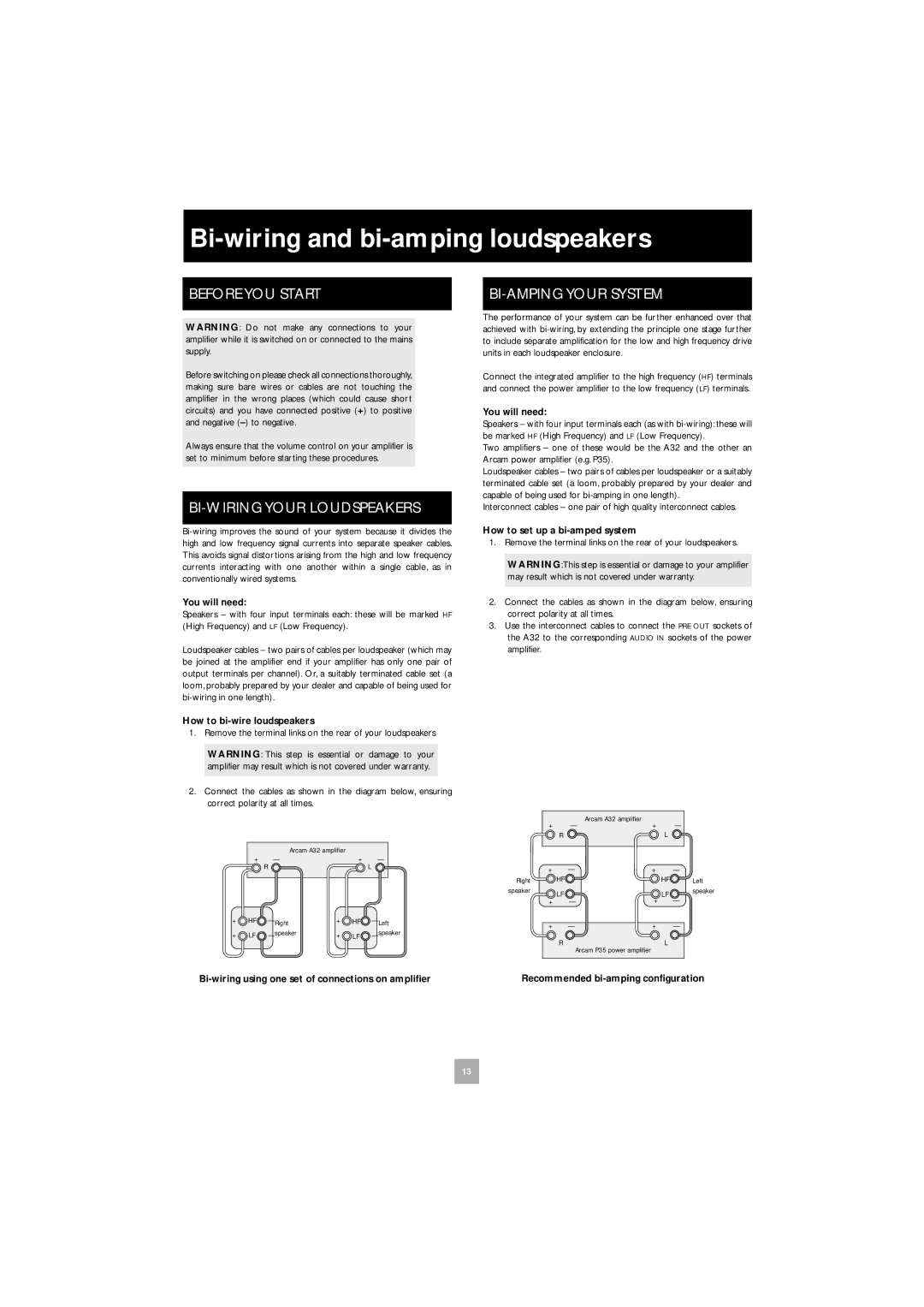 Arcam A32 manual Bi-wiring and bi-amping loudspeakers, Before YOU Start, BI-WIRING Your Loudspeakers 