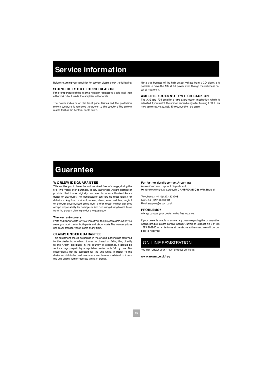 Arcam A32 manual Service information, Guarantee, On Line Registration 