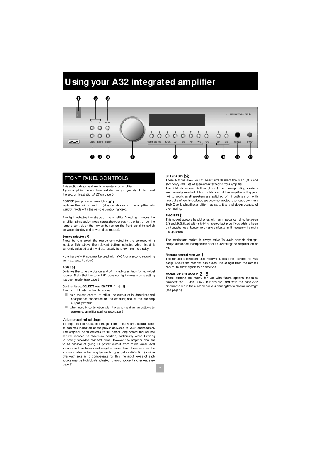 Arcam manual Using your A32 integrated ampliﬁer, Front Panel Controls, Volume control settings 