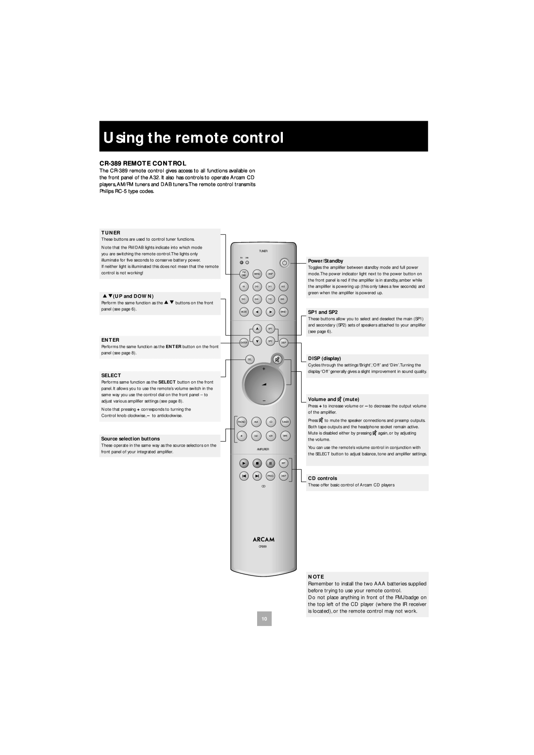 Arcam A32 manual Using the remote control, CR-389REMOTE CONTROL 