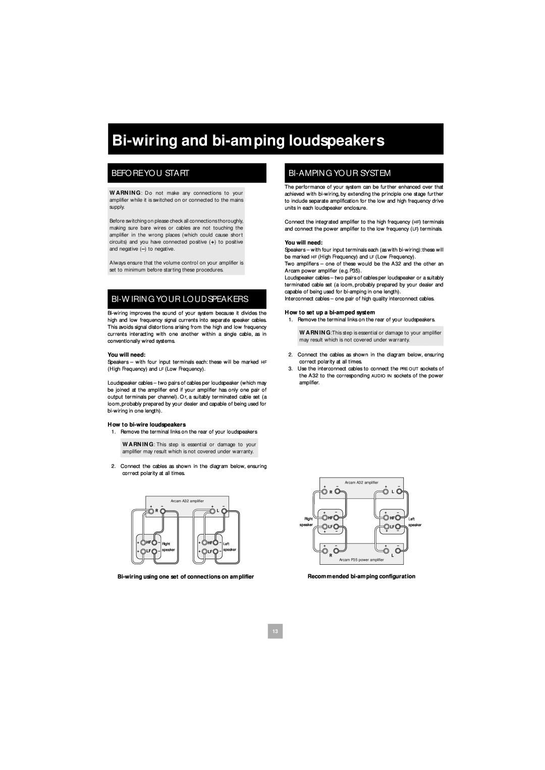 Arcam A32 manual Bi-wiringand bi-ampingloudspeakers, Before You Start, Bi-Wiringyour Loudspeakers, Bi-Ampingyour System 