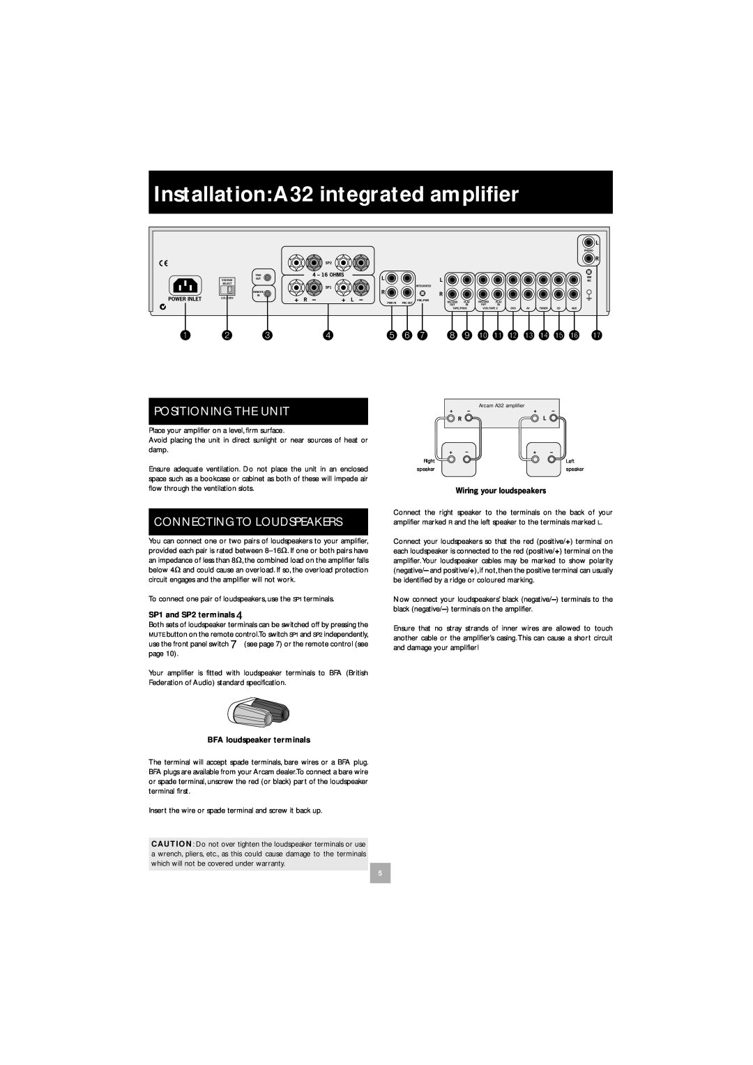 Arcam manual Installation A32 integrated ampliﬁer, 5 6 7 8 9 bk bl bm bn bo bp bq br, Positioning The Unit 