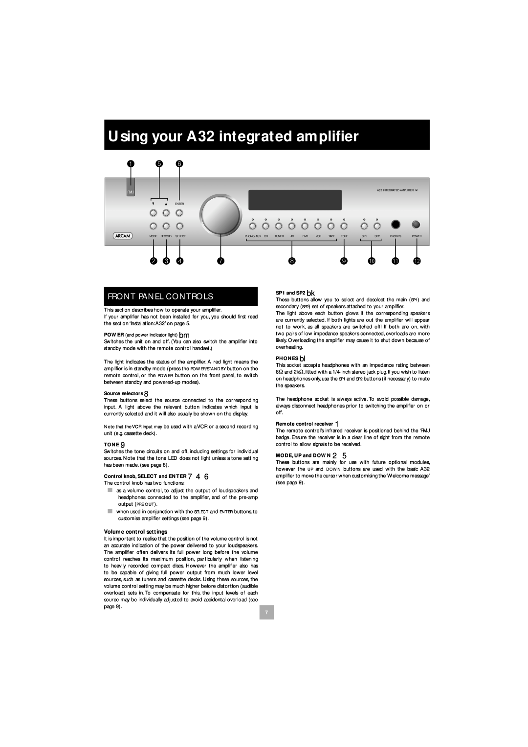 Arcam manual Using your A32 integrated ampliﬁer, bk bl bm, Front Panel Controls 